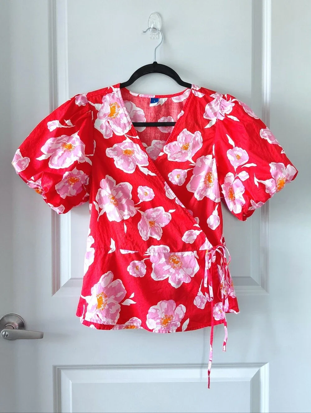 Old Navy Red Floral Wrap Top with Puff Sleeves